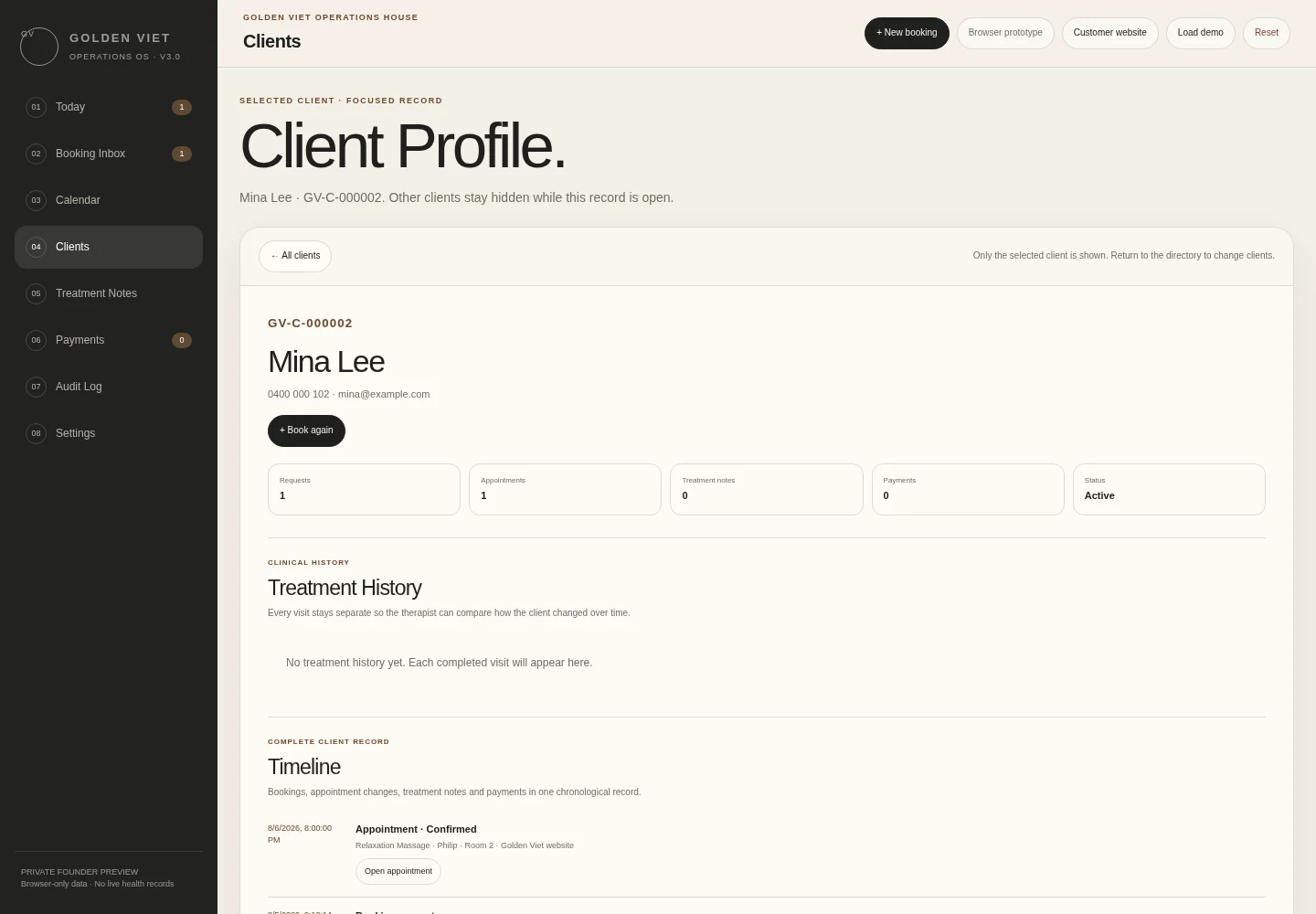 Golden Viet focused client profile screen