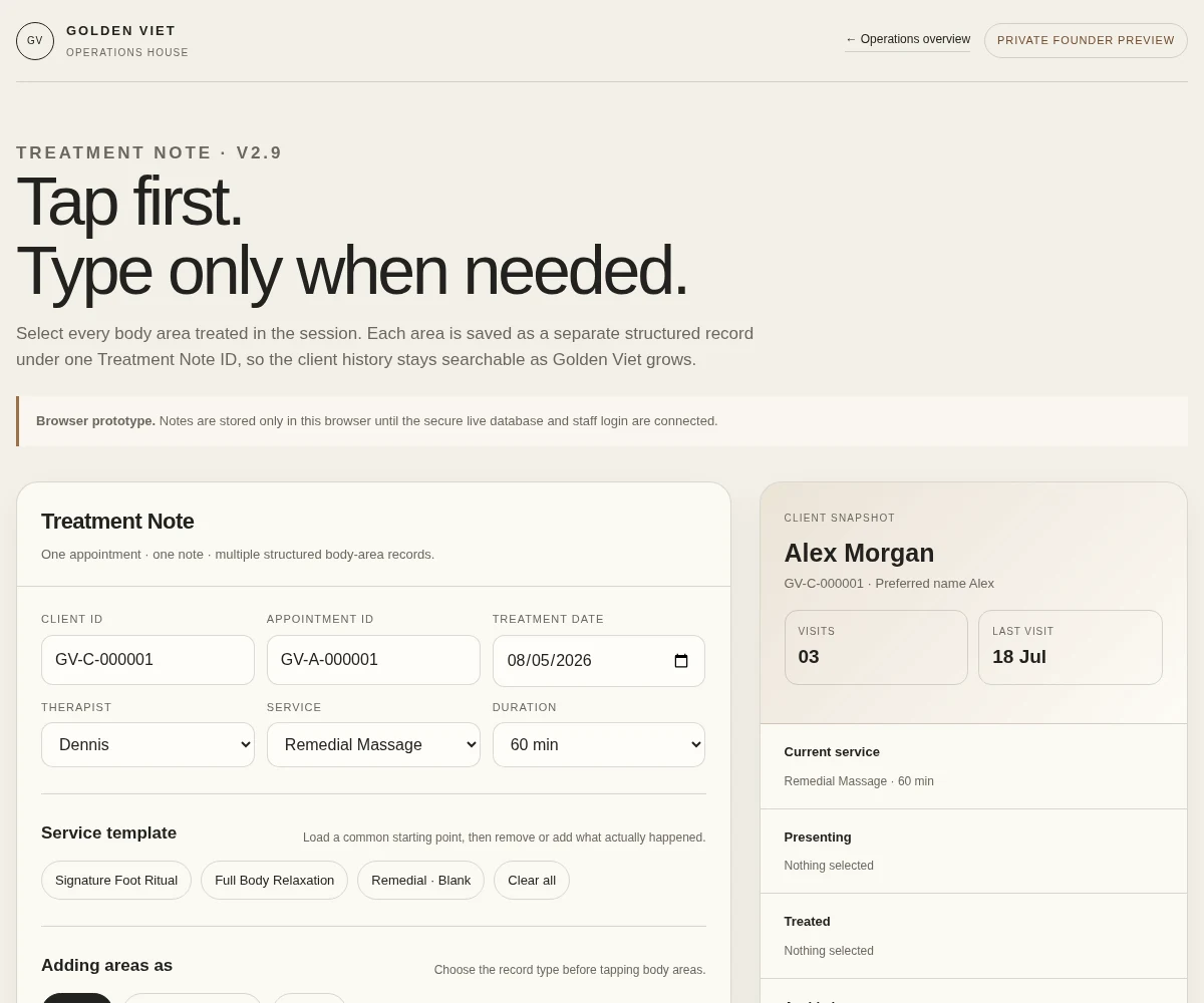 Golden Viet structured treatment note screen