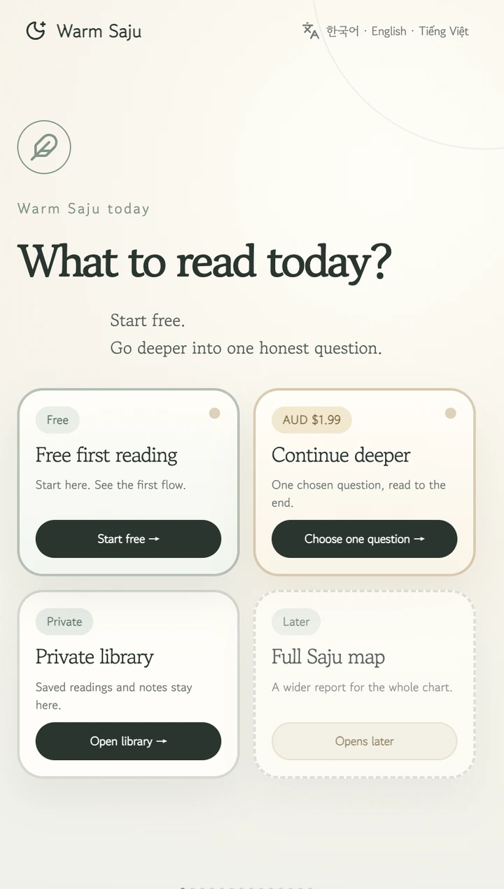 Warm Saju mobile home screen showing Free first reading, AUD $1.99 deeper reading, Private library and a future full Saju map